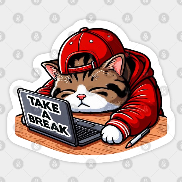 Take A Break meme Chubby Tabby Cat Take A Nap Laptop Sticker by Plushism